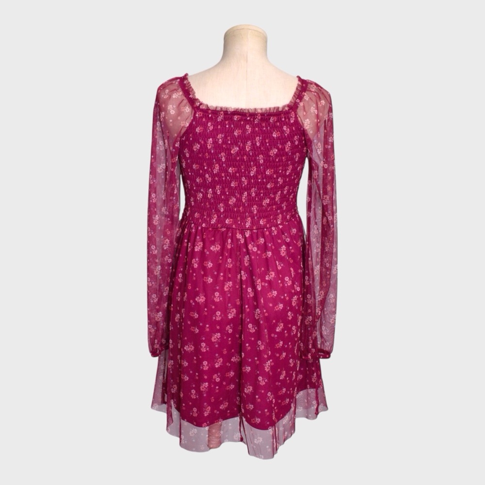 Art Class Smocked Floral Mesh Dress Sheer Long Sleeve Square Neck - Picture 3 of 5